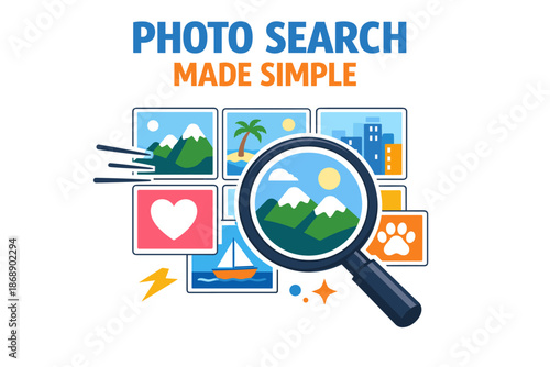 Simplified image search concept with magnifying glass and icon collage
