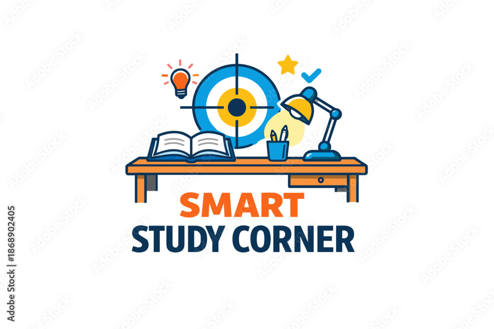 Fototapeta premium Smart study corner with desk lamp, open book, and creative icons