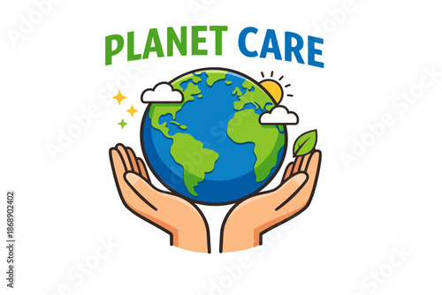 Planet care logo with earth in hands and leaf symbolizing environmental protection