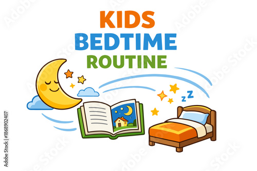 Kids bedtime routine with moon, book, and bed illustrations
