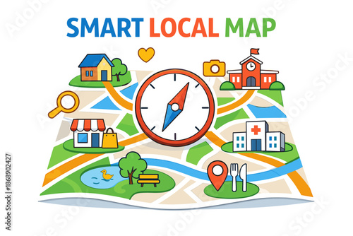 Smart local map with compass navigation and icon landmarks