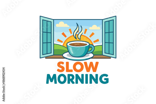 Sunny morning coffee with open window and scenic view