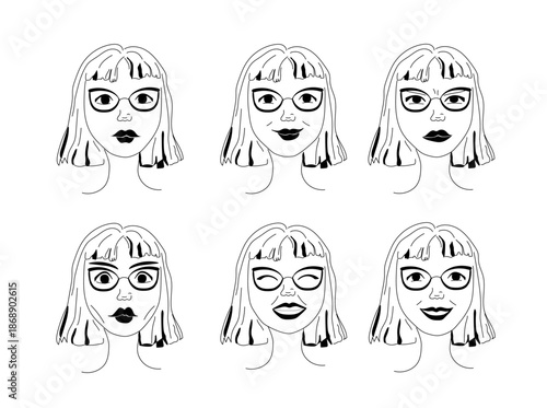 Set of female face expressions in flat vector style