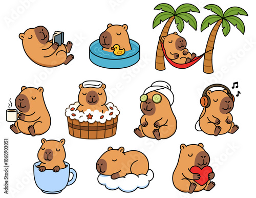 Cute Capybara Character Set for Stickers and Stationery Design featuring Relaxing Activities like Spa Bathing Reading Sleeping in Hammock and Listening to Music in Kawaii Cartoon Vector Style