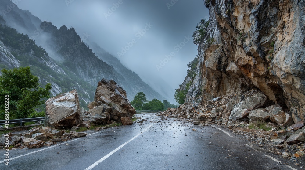 Fototapeta premium landslide of stones and earth onto a cement road surrounded by mountains