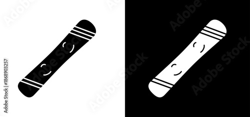 Snowboard icon set on white and black background. Winter sports equipment sign illustration to use for ski advert, ski pass, competition certificate, skiing design projects. 