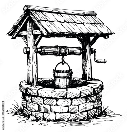 Hand drawn line art illustration of a wishing well depicting a bucket and crank for rural and traditional concepts