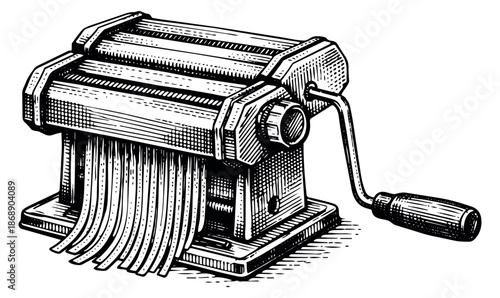 Hand drawn line art illustration of a pasta maker depicting fresh pasta production for italian food preparation