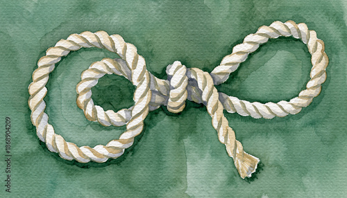 White Rope Knot on Green Background with Frayed Ends.