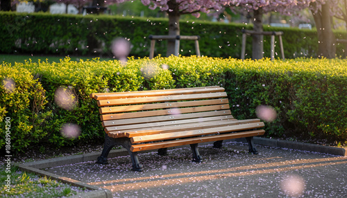 Quiet Park Bench by Hedge in Sunlit Garden Scene.