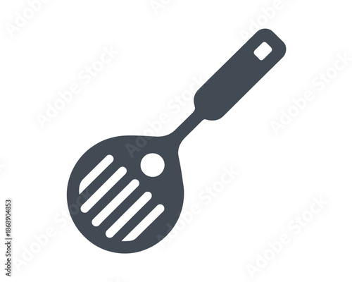 A minimalist vector graphic of a slotted kitchen spatula with a handle
