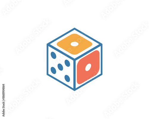 A colorful vector graphic of a single six-sided dice with different colored faces and dots