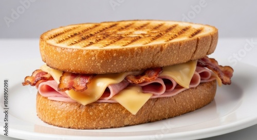 A grilled sandwich on a white plate with ham, bacon, and melted cheese between toasted bread