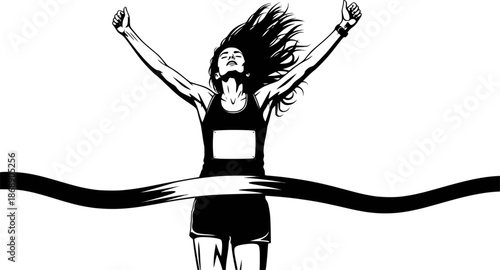 Woman runner crossing the finish line. Silhouette of athletic looking female runner running. Vector, transparent background EPS version.