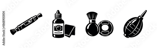 Art tools vector icons set: brush, ink, powder, blower symbols in black