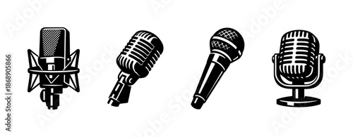 Microphone vector icons set: vintage, modern, classic, audio symbols collection