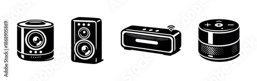 Audio devices vector icons set: speakers, sound systems, music gadgets collection