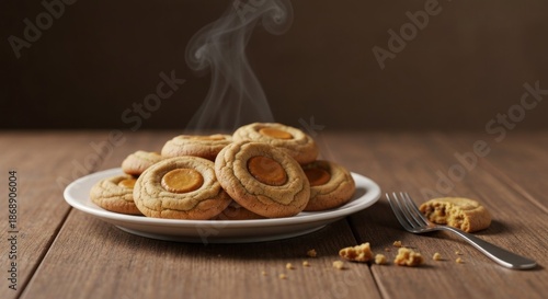 A plate of freshly baked, round, caramel-filled cookies, with steam, on a wooden table