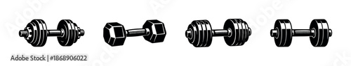 Gym equipment vector icons set: dumbbells, weights, fitness symbols collection