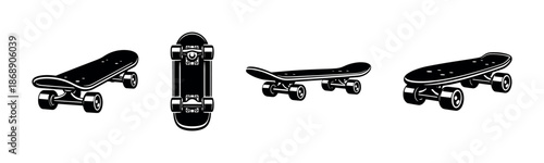 Skateboard vector icons set. black solid and outline. retro, vintage, sport symbols
