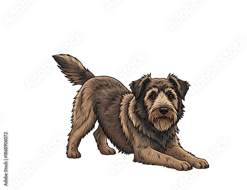 Brown Shaggy Dog Standing Illustration, Vector Animal Portrait Isolated
