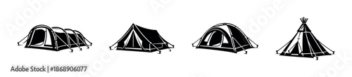 Camping gear vector icons set: tent silhouettes collection for outdoor adventure