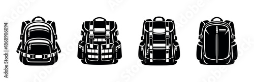 Backpack vector icons set, hiking bag collection, outdoor travel gear essentials