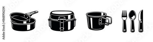 Camping cookware vector icons set: pots, lunch box, cup, cutlery collection