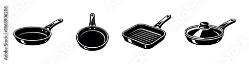 Cookware vector icons set: frying pan, skillet, grill pan, saucepan