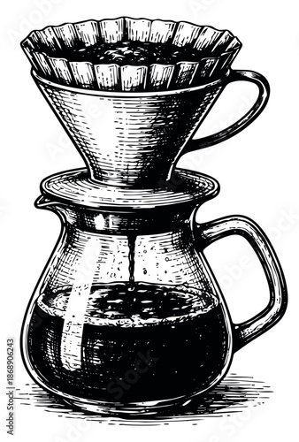 Hand drawn line art illustration of a pour over coffee maker depicting the brewing process for cafe menu design