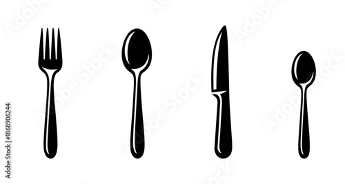 Kitchen utensils vector icons set: spoon, fork, knife silhouettes for dining