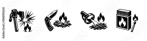 Camping tools vector icons set: axes, knives, matches, fire starters, outdoor gear