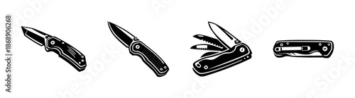 Pocket knives vector icons set. folding, tactical, multitool collection. outdoor essentials.
