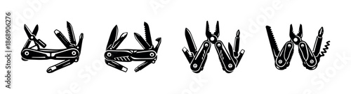 Multitool vector icons set with pliers, scissors, knife for outdoor survival