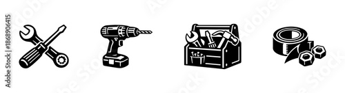 Tool vector icons set: wrench, drill, toolbox, and tape. repair and diy symbols