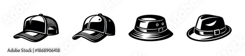 Hat vector icons set: baseball cap, bucket hat, fedora - stylish headwear collection