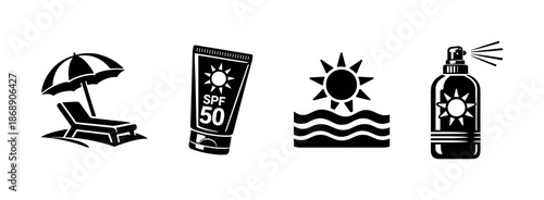 Beach vacation vector icons set: sun, umbrella, sunscreen, summer essentials