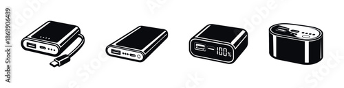 Power bank vector icons set. portable charger symbols. battery pack collection.