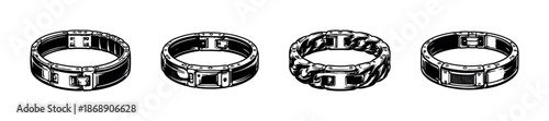 Industrial bracelet vector icons set, metal bangle collection, bold jewelry designs