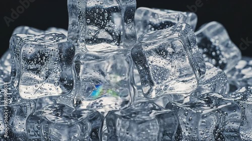 Close-up of clear ice cubes with bubbles perfect for refreshing drink concepts.