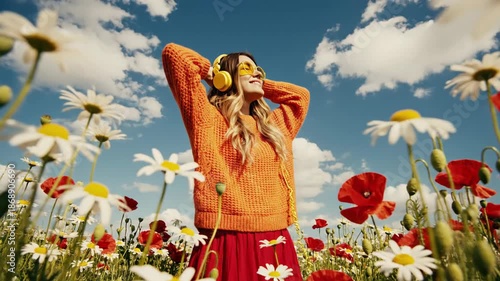 Woman Relaxing in Field of Wildflowers.