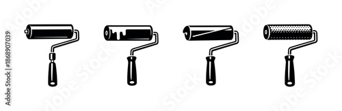 Paint roller tools vector icons set. flat black and white painting symbols collection