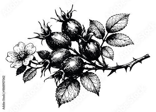 Hand drawn line art illustration of a rose hip branch depicting berries, leaves, a flower, and thorns for botanical design