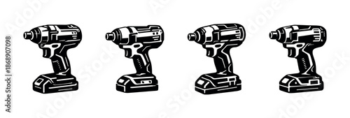 Electric drill vector icons set: power tools, cordless, black and white symbols