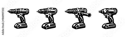 Power drill vector icons set, cordless tools collection, diy, hardware symbols