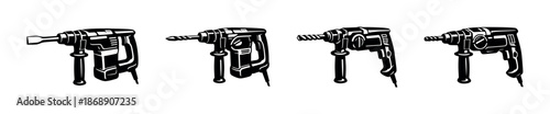 Power tools vector icons set: electric drill, drill machine, hand power tools