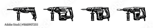Electric drill vector icons set. power tool illustrations. construction equipment symbols