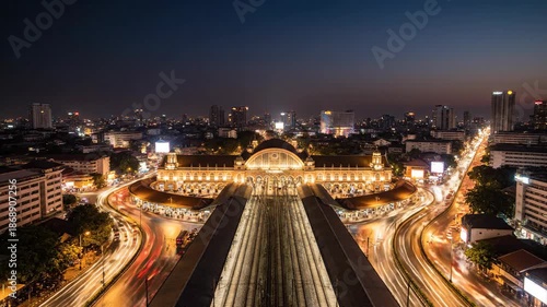 Aerial View of Bangkoks Hua Lamphong Railway Station at Night with City Lights.