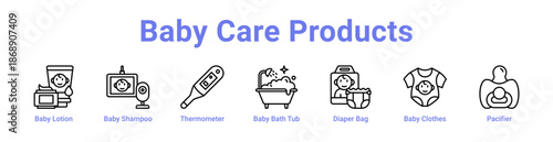 Baby Care Products Icon Banner and Collection