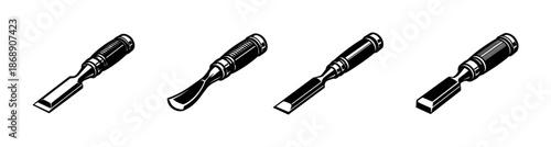 Woodworking tools vector icons set: chisels, hand tools in flat, solid style